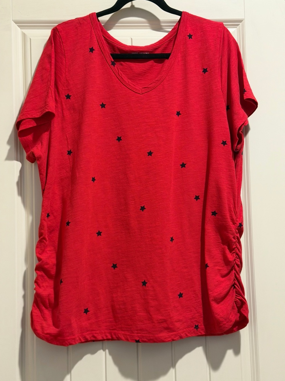Lane Bryant Red V-Neck Tee with Navy Star Accents and Side Ruching
